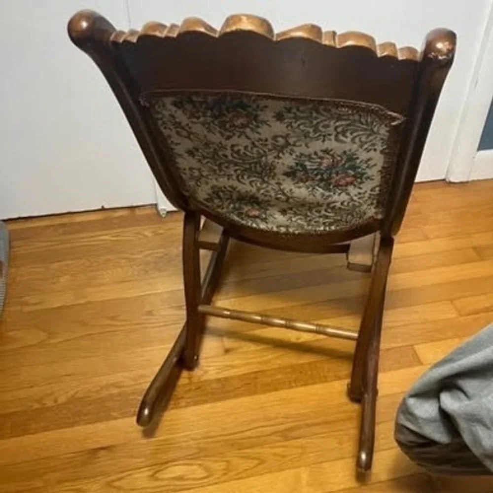 Vintage Folding Rocking Chair Wood Carved Floral Tapestry Upholstered Portable